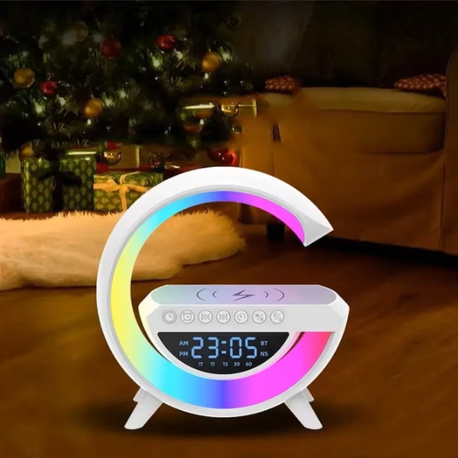 Incarcator Rapid Wireless 15W, 5 in 1 cu Bluetooth, Ceas, Speaker, Lampa Smart LED RGB, Alarma Ceas cu Lumina de Trezire, Miromoto®