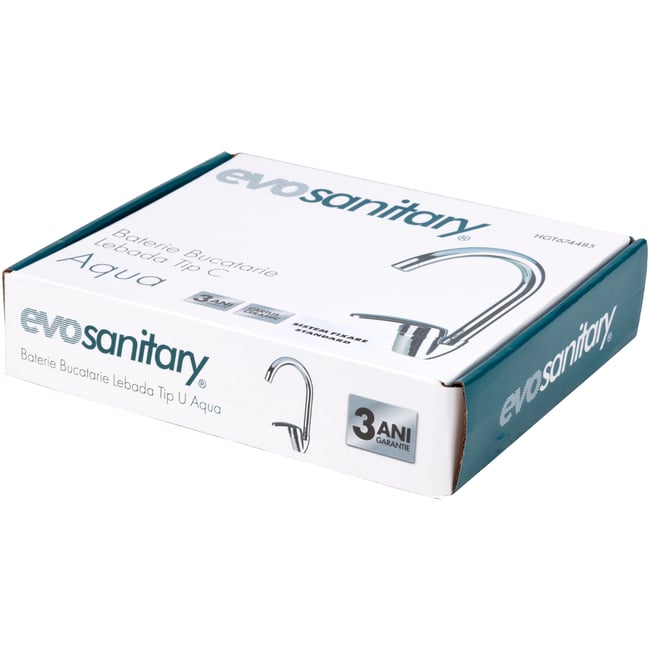 Baterie bucatarie, rotativa, monocomanda, cartus ceramic, cromata, pipa flexibila, racorduri incluse, Evosanitary Aqua