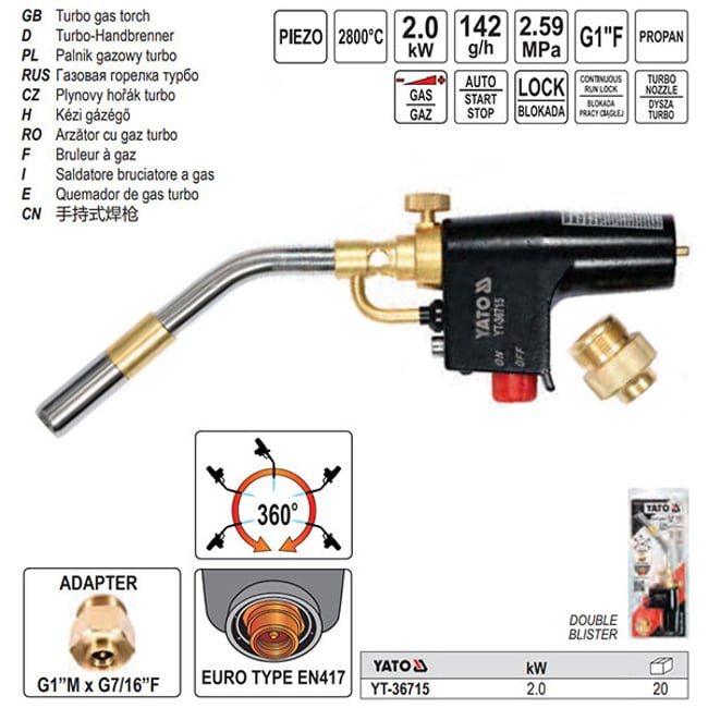 Lampa de lipit cu gaz gaz propan-butan/amestec MAPP, 2 kW, 142 g/h, Yato YT-36715
