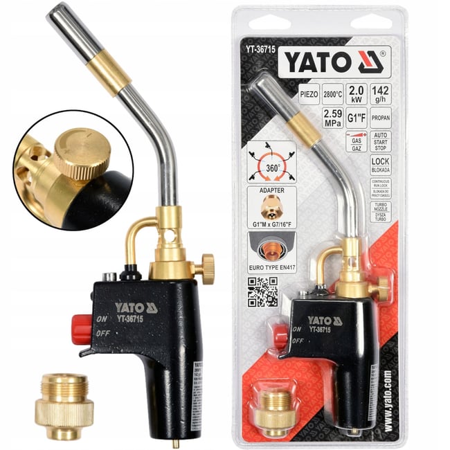 Lampa de lipit cu gaz gaz propan-butan/amestec MAPP, 2 kW, 142 g/h, Yato YT-36715