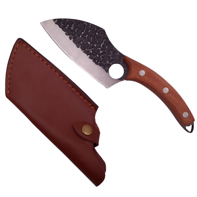 Cutit-satar, japonez, forjat manual, 27 cm, otel inoxidabil, maner lemn, husa piele, Model 1