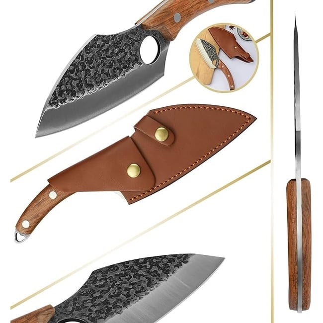 Cutit-satar, japonez, forjat manual, 27 cm, otel inoxidabil, maner lemn, husa piele, Model 1