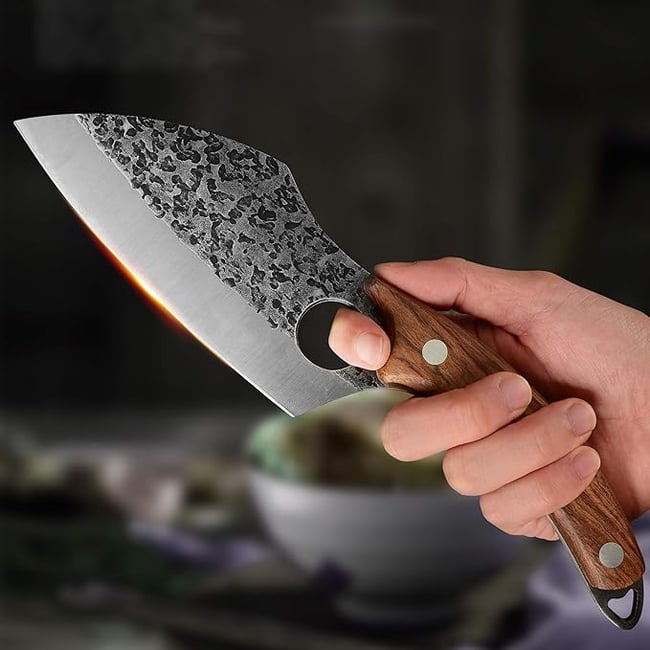 Cutit-satar, japonez, forjat manual, 27 cm, otel inoxidabil, maner lemn, husa piele, Model 1