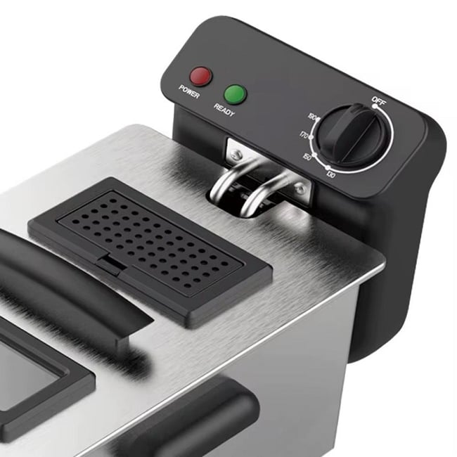 Friteuza profesionala, 2000W, 3 L, Termostat reglabil, cos detasabil, fereastra de vizualizare in capac, otel inoxidabil, gri-argintiu