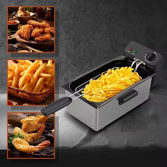 Friteuza profesionala, 2000W, 3 L, Termostat reglabil, cos detasabil, fereastra de vizualizare in capac, otel inoxidabil, gri-argintiu