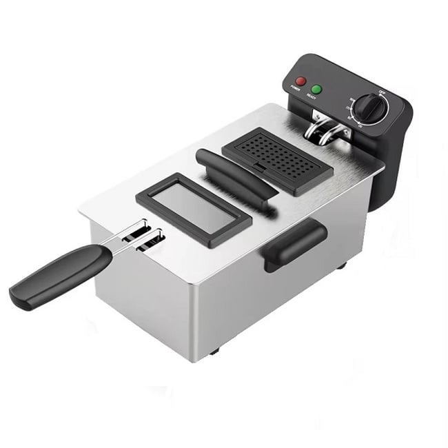 Friteuza profesionala, 2000W, 3 L, Termostat reglabil, cos detasabil, fereastra de vizualizare in capac, otel inoxidabil, gri-argintiu