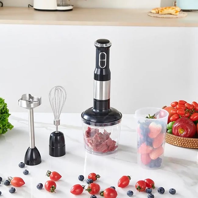 Set Blender 4 in 1, Mixer vertical profesional, 800W, lama din otel inoxidabil, functie turbo, Multifunctional, design ergonomic, accesorii Incluse
