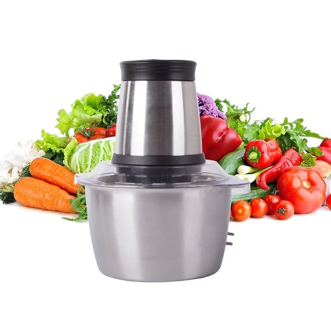 Tocator electric multifunctional, capacitate 2L, pentru carne si legume, 4 lame din otel inoxidabil, recipient din inox, 2 viteze, putere 500W, argintiu