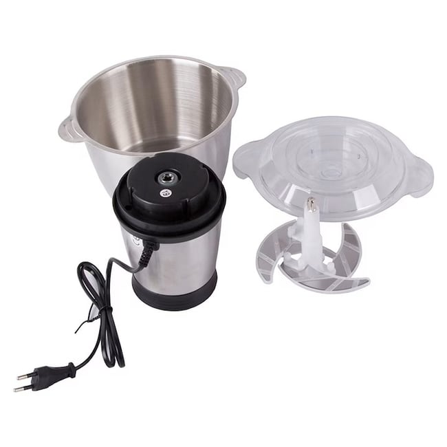 Tocator electric multifunctional, capacitate 2L, pentru carne si legume, 4 lame din otel inoxidabil, recipient din inox, 2 viteze, putere 500W, argintiu