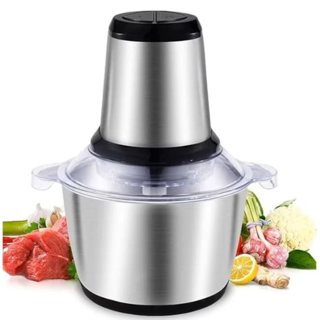 Tocator electric multifunctional, capacitate 2L, pentru carne si legume, 4 lame din otel inoxidabil, recipient din inox, 2 viteze, putere 500W, argintiu