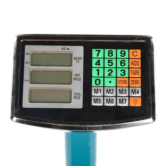 Cantar electronic comercial cu afisaj dublu, 300 Kg, platforma 40x50cm din otel striat, brat rabatabil, cu acumulator si brat rabatabil