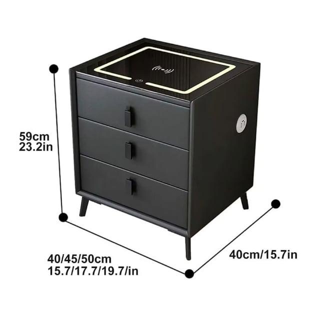 Noptiera inteligenta cu iluminare LED și incarcare wireless, port USB si Type-C, 3 sertare, sticla securizata, piele ecologica – culoare gri inchis