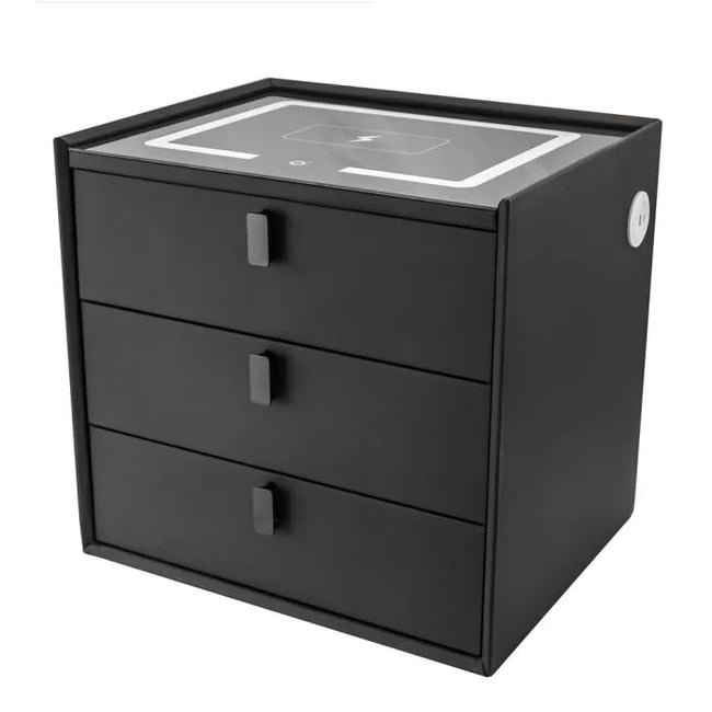 Noptiera inteligenta cu iluminare LED și incarcare wireless, port USB si Type-C, 3 sertare, sticla securizata, piele ecologica – culoare gri inchis