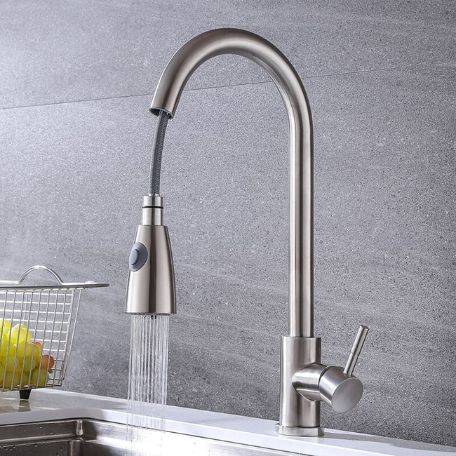 Baterie chiuveta bucatarie, cu dus extractabil, pipa inalta, cartus ceramic, buton on/off, 2 tipuri jet, otel inoxidabil, argintiu mat, MIXXUS SUS-0140B