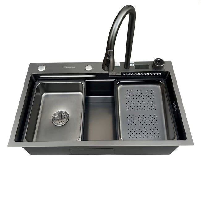 Set chiuveta multifunctionala HAUSBERG HBC-9950NG din otel inoxidabil, baterie dubla, cuva perforata fructe/legume, cuva universala cu dop scurgere, tocator, 750x460x220 mm, accesorii incluse, Negru