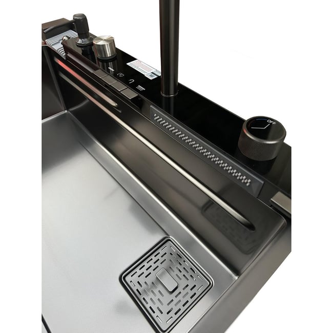 Set chiuveta multifunctionala HAUSBERG HBC-9955NG din otel inoxidabil, baterie dubla, cuva perforata fructe/legume, cuva universala cu dop scurgere, tocator, 750x460x220 mm, accesorii incluse, Negru