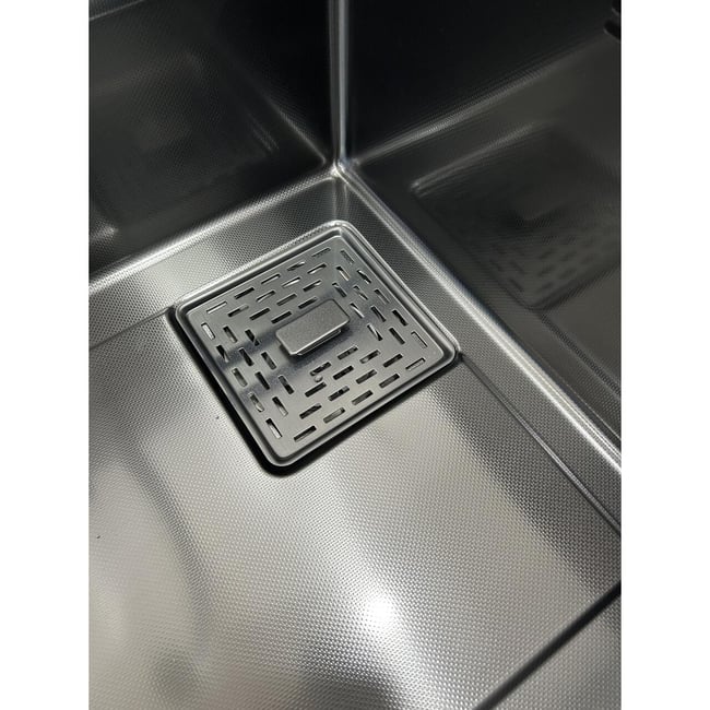 Set chiuveta multifunctionala HAUSBERG HBC-9955NG din otel inoxidabil, baterie dubla, cuva perforata fructe/legume, cuva universala cu dop scurgere, tocator, 750x460x220 mm, accesorii incluse, Negru