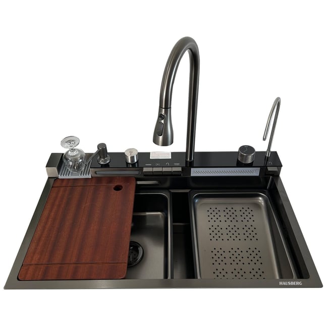 Set chiuveta multifunctionala HAUSBERG HBC-9955NG din otel inoxidabil, baterie dubla, cuva perforata fructe/legume, cuva universala cu dop scurgere, tocator, 750x460x220 mm, accesorii incluse, Negru