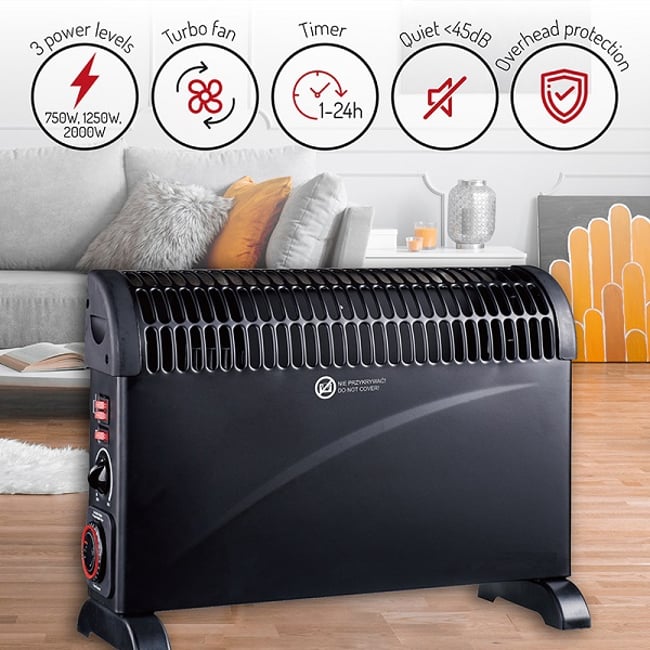 Convector Electric Mesko Ms 7741B, 2000 W, 3 Nivele de Putere, Termostat Reglabil, Negru