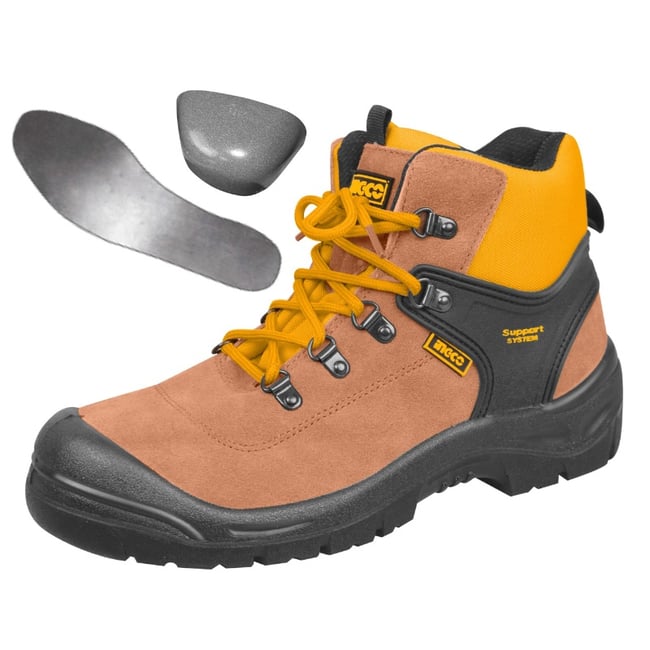 Bocanci de protectie cu bombeu metalic, INGCO SSH12S1P, piele intoarsa, S1P