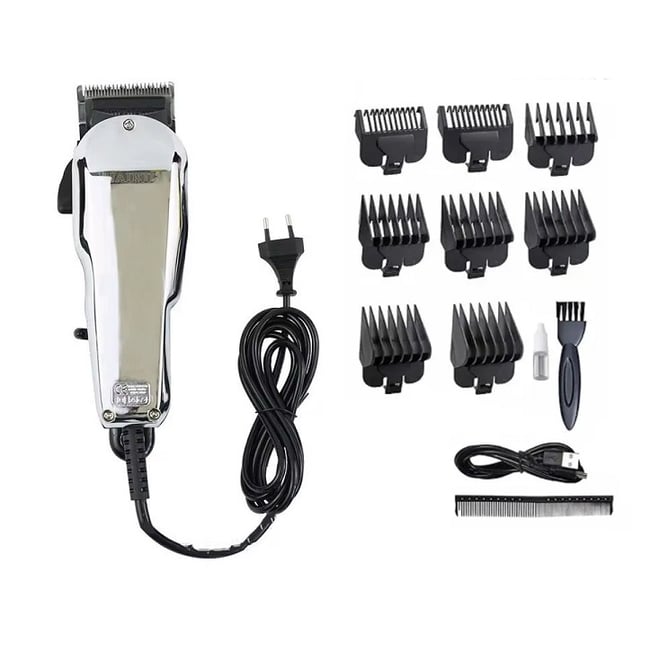 Masina de tuns profesionala cu fir, lama inox, acumulator 1200mah, 8 gratare premium, gri crom