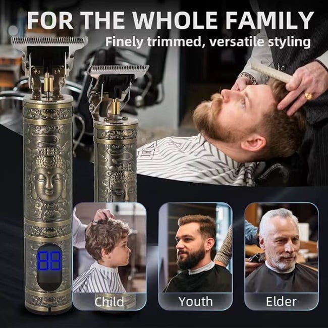 Masina de tuns profesionala, cu acumulator, Vintage, afisaj digital, 1200mAh, lama din otel inoxidabil
