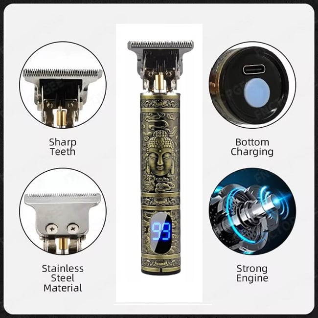 Masina de tuns profesionala, cu acumulator, Vintage, afisaj digital, 1200mAh, lama din otel inoxidabil