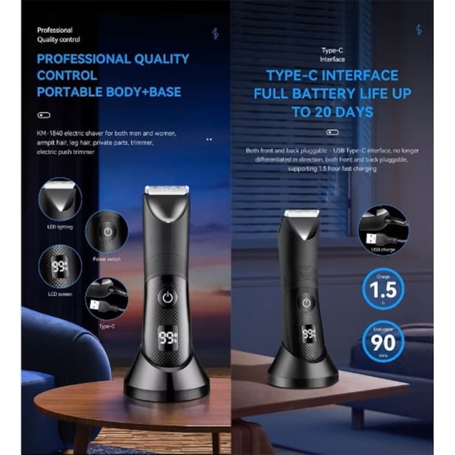 Masina de tuns profesionala, barba si corp, inghinal, rezistent la apa IPX7, reincarcabila, lumina led, 6000 rpm, cu stand, 2 arici prins parul, incarcare Type-C, negru