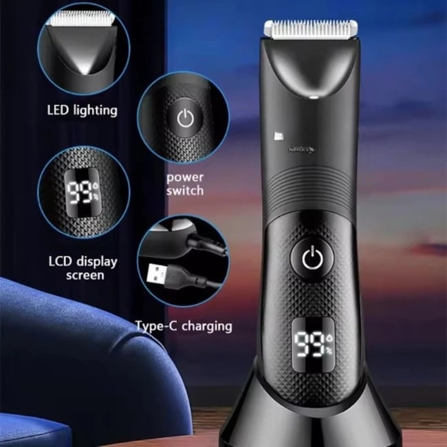 Masina de tuns profesionala, barba si corp, inghinal, rezistent la apa IPX7, reincarcabila, lumina led, 6000 rpm, cu stand, 2 arici prins parul, incarcare Type-C, negru
