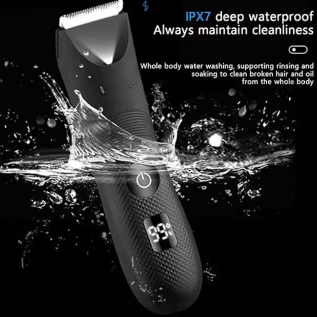 Masina de tuns profesionala, barba si corp, inghinal, rezistent la apa IPX7, reincarcabila, lumina led, 6000 rpm, cu stand, 2 arici prins parul, incarcare Type-C, negru