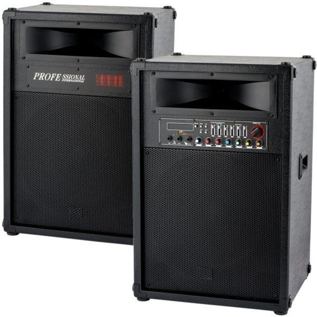 Set 2 boxe active, bluetooth 600W, EQ5+, usb, microfon wireless, telecomanda