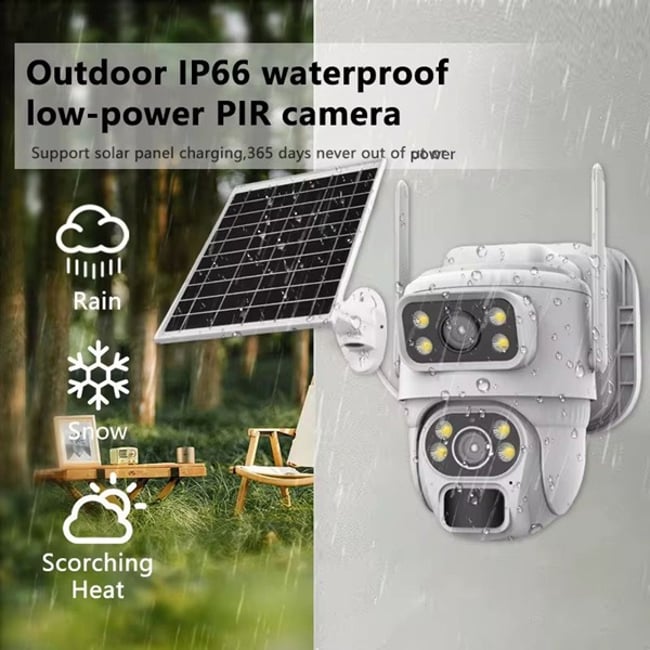 Camera De Supraveghere Dubla, Panou Solar 8W, 4G SIM Slot, 4+4 MP FULL HD, Smart ir, 355° + 90°, Impermeabil, Alarma, Tracking, Miromoto®