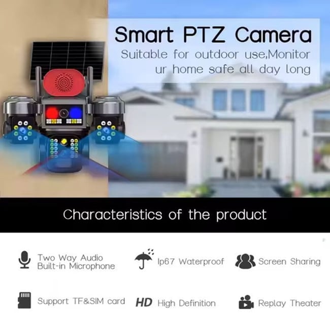 Camera De Supraveghere Tripla, Panou Solar 8W, 4G lte SIM Slot, 12MP (4+4+4), HD, Smart ir, Impermeabil, Alarma cu sirena, Tracking, aplicatie V380, Miromoto®