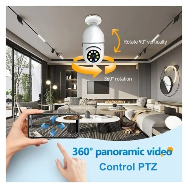 Camera De Supraveghere 360°, Tip Bec, Soclu E27, Wifi, Senzor de Miscare, Alarma, Vedere Nocturna