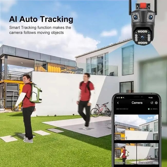 Cameră de supraveghere Wi-Fi cu 2 camere, 8mp, detectare mișcare și alarmă, control complet prin aplicație și conectivitate avansată