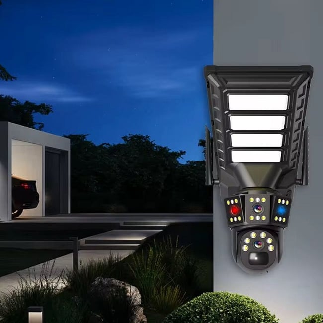 Camera de supraveghere video incorporata cu panou solar si lumina led, conexiune 4G sim slot, 3MP, 2 lentile, rotire 355°, senzor miscare, detectie umana, color night vision, alarma, ip66, microfon