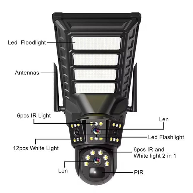 Camera de supraveghere video incorporata cu panou solar si lumina led, conexiune 4G sim slot, 3MP, 2 lentile, rotire 355°, senzor miscare, detectie umana, color night vision, alarma, ip66, microfon