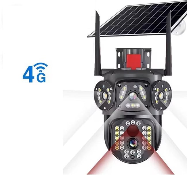 Camera de supraveghere dubla, panou solar, 4G SIM Slot, 4+4 MP HD, 355°, alarma, senzor de miscare, vedere nocturna led ir, microfon