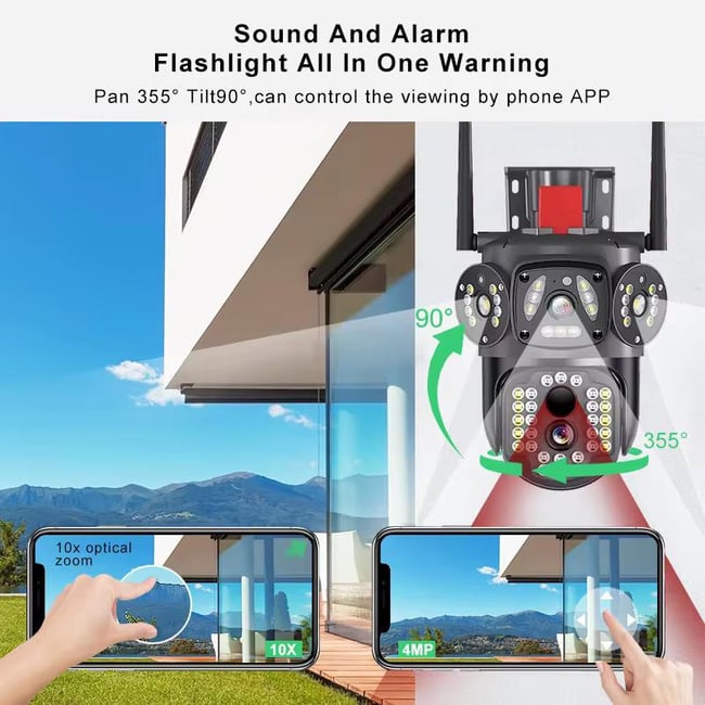 Camera de supraveghere dubla, panou solar, 4G SIM Slot, 4+4 MP HD, 355°, alarma, senzor de miscare, vedere nocturna led ir, microfon