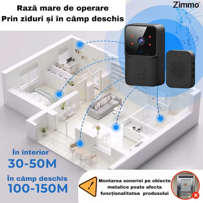Sonerie Fara fir Wireless VideoGuest, vedere nocturna, Control la distanta prin aplicatie dedicata TuyaSmart, Raza de actiune pana la 150m, Cu microfon bidirectional, Negru, Miromoto®