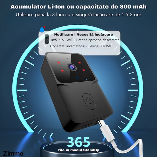 Sonerie Fara fir Wireless VideoGuest, vedere nocturna, Control la distanta prin aplicatie dedicata TuyaSmart, Raza de actiune pana la 150m, Cu microfon bidirectional, Negru, Miromoto®