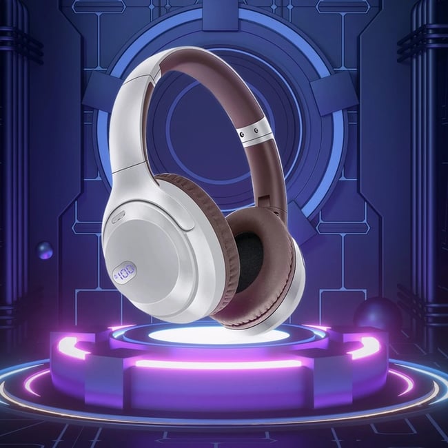 Casti wireless pliabile, Over the Ear, Bluetooth 5.3+edr , Autonomie 17h, Handsfree, HiFi, Bass Stereo, afisaj digital LED, TF, gri / maro