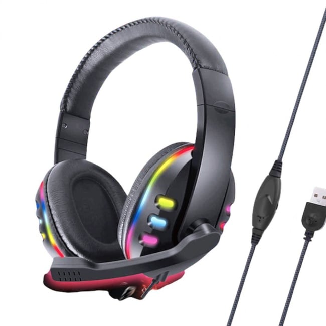 Casti Gaming profesionale cu lumini RGB, diametru 40mm, microfon, mufa USB, lungime fir 2 metri
