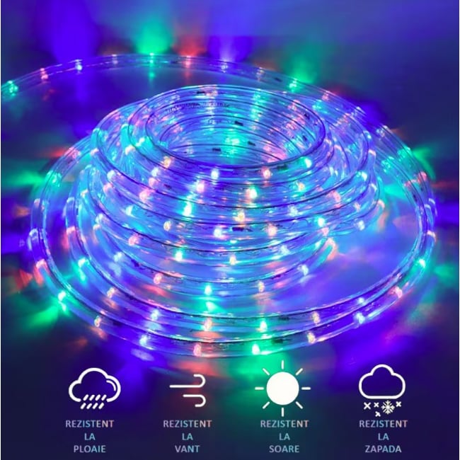 Instalatie de Craciun tip furtun, flexibila, leduri RGB multicolor, pentru exterior si interior, 8 moduri de iluminare, IP44, 10 m