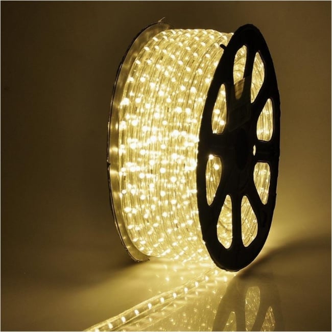 Rola Furtun Luminos cu Led Lumina Alb Cald 100 Metri + Alimentator Priza Inclus