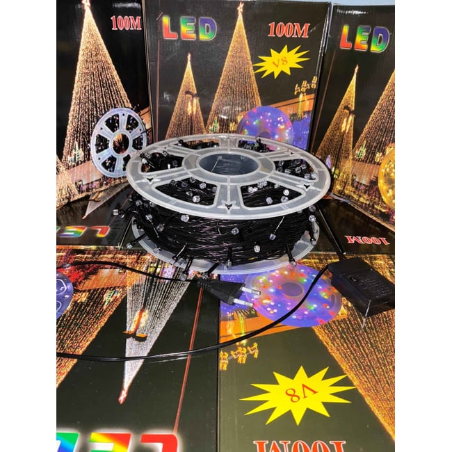 Instalatie de craciun, tip rola, Lungime 100 m, cu 8 jocuri de lumini, alimentare 220V, pentru interior/exterior, multicolora