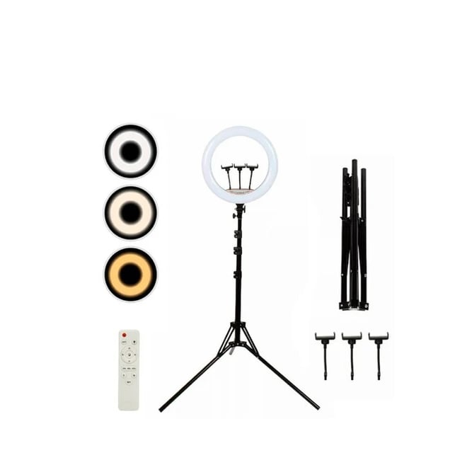 Lampa circulara 50CM Ring Light model Studio, diametru + stativ 200cm, 450 leduri, telecomanda, lumina calda / rece / naturala