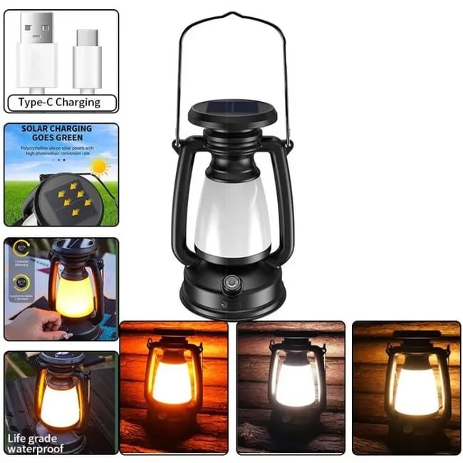 Lampa led tip felinar, aspect retro, portabila, trepte de intensitate lumina, incarcare Type-C / panou solar, Miromoto®