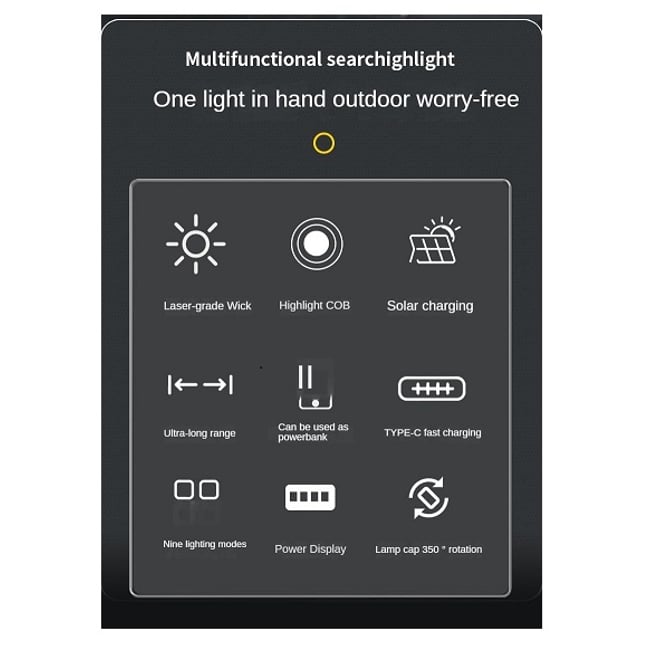 LANTERNA MULTIFUNCTIONALA LED, CU PANOU SOLAR, 350°, FUNCTIE POWERBANK, INDICATOR LED, 9 MODURI DE ILUMINARE