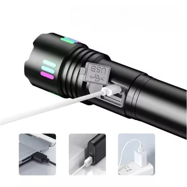 Lanterna LED cu zoom telescopic, P45, reincarcabila, focus ajustabil, 20W, 2000LM, IP43, afisaj baterie, negru